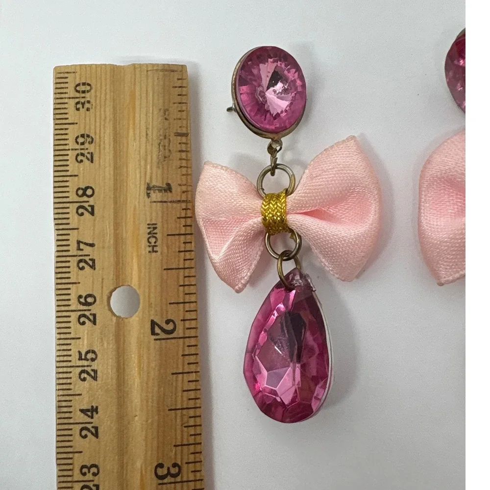 1980s Retro Pink Bow Drop Earrings with Faceted‎ Teardrop Gem Statement Jewelry